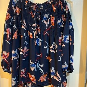 a.n.a Women's Navy Floral Blouse size XL  ruching across top and back